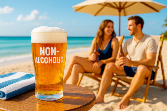 Close-up of non-alcoholic beer glass on beach table with smiling couple relaxing in background under umbrella on sunny summer day. Ai generative - Powered by Adobe