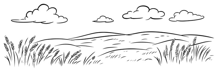 rolling meadow hills panorama line art vector landscape