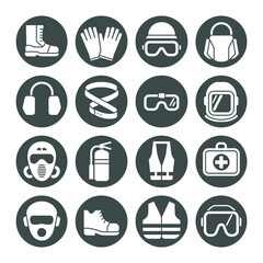 Collection of Fifteen Dark Green Circles Featuring White Safety Equipment Icons Including Boots Gloves Helmet Respirator Goggles Earmuffs Vest Fire Extinguisher First Aid Kit and More