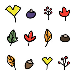 秋の葉っぱや木の実の手描きモチーフセット