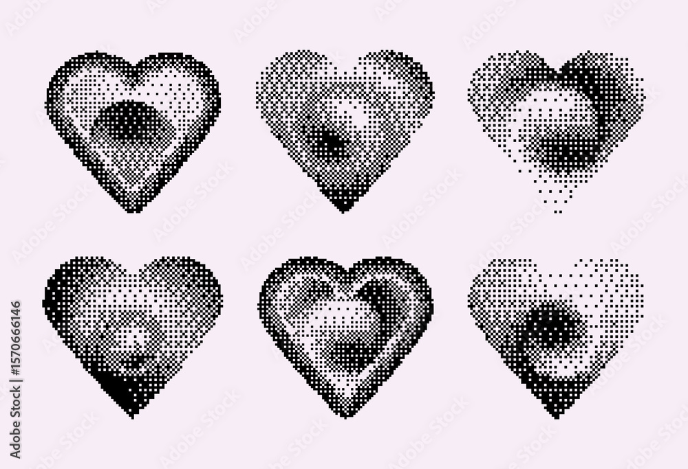 Fototapete pixel heart set in y2k style - black dotted patterns with halftone gradients for retro computer grap
