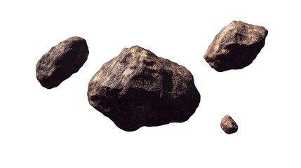 A Collection of Dark, Textured Asteroids Floating in Space Against a Transparent Background