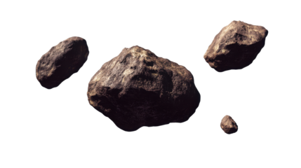 A Collection of Dark, Textured Asteroids Floating in Space Against a Transparent Background