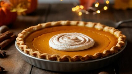 Delicious pumpkin pie with whipped cream, spices, and festive decorations - Powered by Adobe