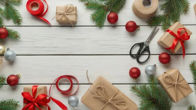 Gift wrapping supplies and decorations on wooden table, with evergreen branches ornaments