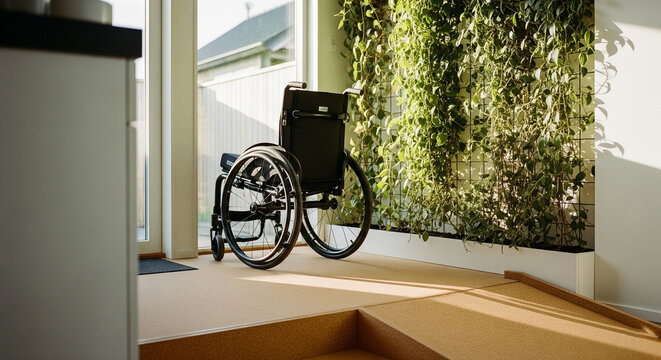 Wheelchair accessibility and design showcasing a home interior with integrated ramp and a green wall for inclusive living.