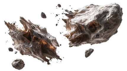 Asteroids Fragmenting in Space with Detailed Surface Textures and Irregular Shapes on Transparent Background
