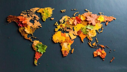Eco world map formed with assorted autumn leaves, top-down 3D render