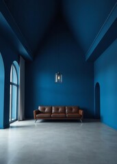 Fototapeta premium Minimalist living room with blue walls leather sofa and a hanging light Empty room interior design architecture blank design room striking structures clean lines geometric shapes dramatic an