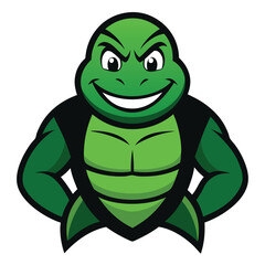 Muscular green turtle mascot with a confident smile and determined eyes