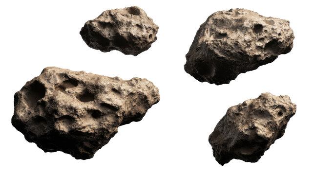 Cluster of Irregular Asteroids with Rough Surfaces Floating in Outer Space Against Black Background