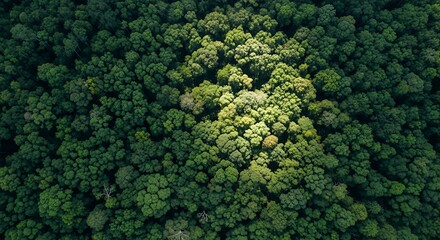 Aerial View of Lush Green Forest Canopy with Sunlight Spotlighting Trees