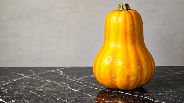Vibrant orange butternut squash on a dark marble countertop with a soft gray background