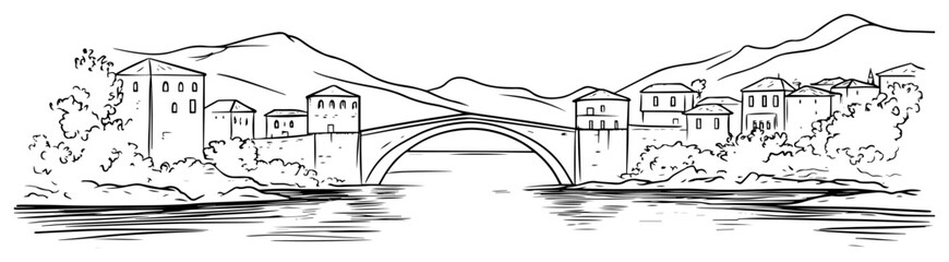 mostar old bridge stari most sketch vector illustration © Mago