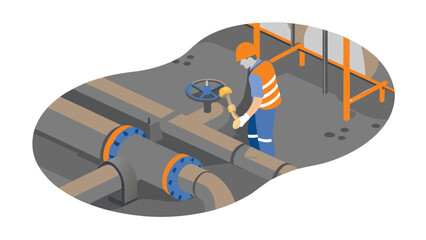 Isometric illustration of a worker turning a valve on industrial pipes in a confined space setting indoors
