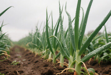 Obraz premium Close-Up of Fresh Onion Plants with Dew Drops in Neat Garden Rows