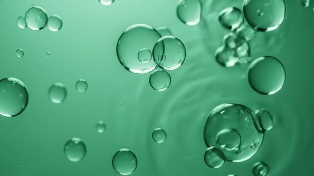 A close up shot of water droplets of varying sizes against a solid light green colored background space