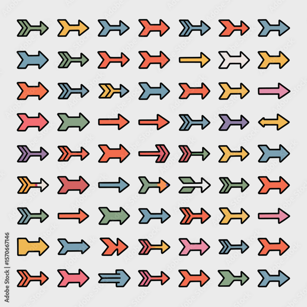 Poster collection of fifty diverse colorful arrows in a grid pattern on a light gray background various arr