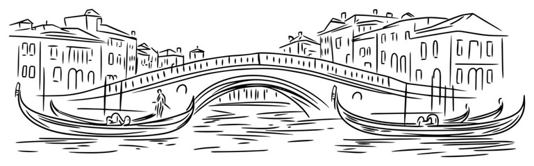 venice rialto bridge with gondolas line art vector illustration
