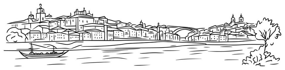 coastal hilltop harbour town panorama line art vector landscape