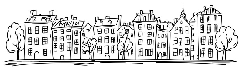 Fototapeta premium european old town row houses facade line art vector illustration
