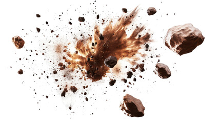 Dynamic Abstract Explosion of Asteroids With Dust and Debris Against a Transparent Background