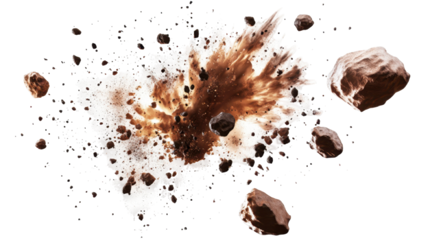 Dynamic Abstract Explosion of Asteroids With Dust and Debris Against a Transparent Background