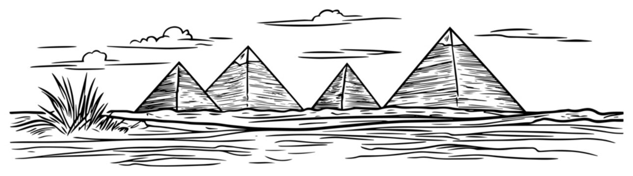 egyptian pyramids desert panorama line art vector illustration