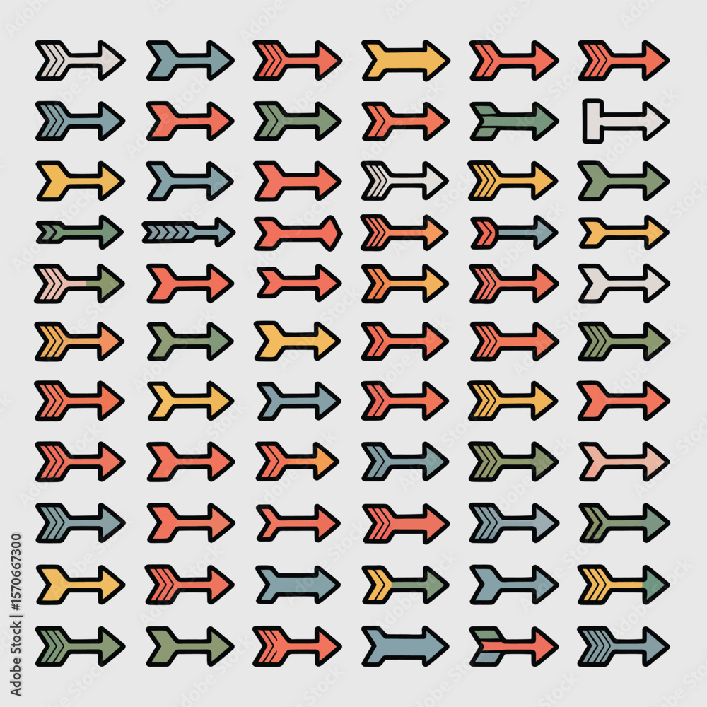 Poster collection of fifty diversely colored arrows arranged in a grid pattern on a light gray background e