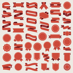 Collection of Fifty Red and Burgundy Flat Design Ribbons Banners Labels and Badges on Light Beige Background Various Shapes and Styles for Branding and Design Projects
