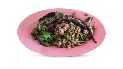 Traditional Thai larb made with minced duck, herbs, and dried chilies served on a pink plate over a...