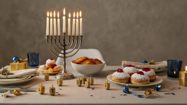 Hanukkah celebration with menorah, donuts, gifts, and dreidels set on table