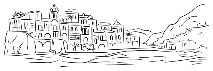 Fototapeta premium cliffside mediterranean village coastline line art vector illustration