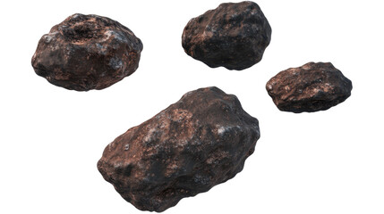 Multiple Irregular Asteroids and Space Rocks Displayed Against a Transparent Background
