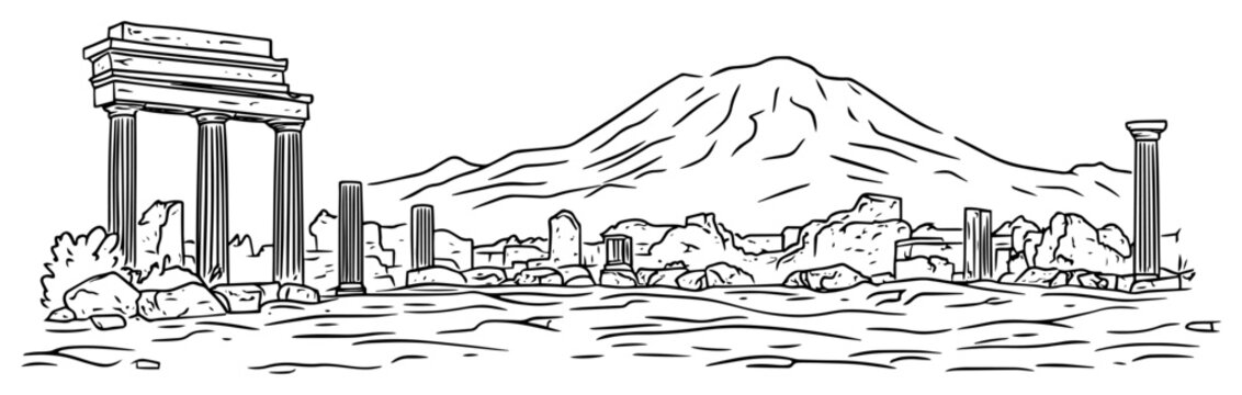 pompeii ruins with vesuvius volcano sketch vector