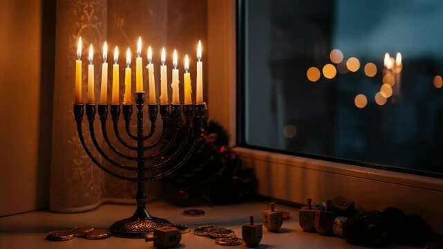 Lit menorah on windowsill with dreidels and coins, night scene