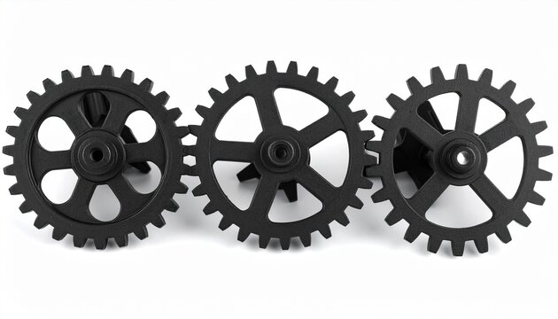 Three interlocked black gears with varied spoke shapes and counts