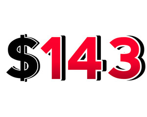 Red number $143 with a black dollar sign in a 3D style, featuring white and black outlines, creating a shadow effect on transparent background.