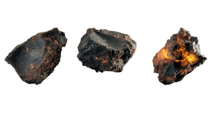 Three Distinct Asteroids with Rough Surfaces and Glowing Elements on a Transparent Background