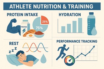 Sports and wellness concept with athlete nutrition and training icons. Vector set for protein intake, hydration, rest, and performance tracking.