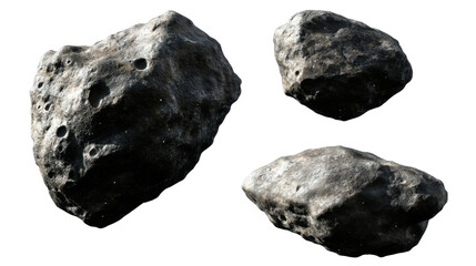 Three Asteroids with Textured Surfaces and Craters on a Transparent Background