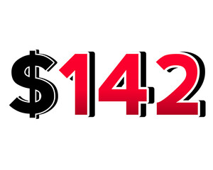 Red number $142 with a black dollar sign in a 3D style, featuring white and black outlines, creating a shadow effect on transparent background.