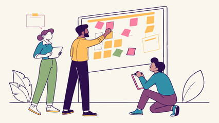 Team collaborates on project using sticky notes, showcasing teamwork and creativity