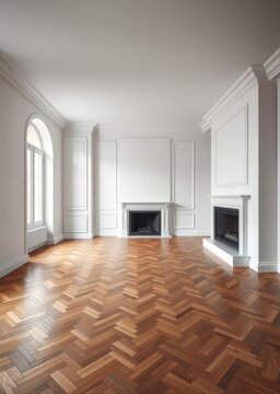 Empty living room with herringbone parquet floor and fireplace in white empty apartment in paris france Empty room interior design architecture blank design room striking structures clean lines