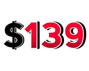 Red number  $139 with a black dollar sign in a 3D style, featuring white and black outlines, creating a shadow effect on transparent background.
