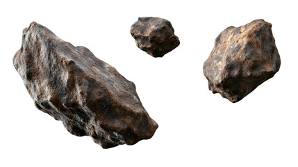 Three Distinct Asteroids with Textured Surfaces Displayed Against a Transparent Background