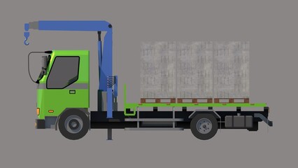 Rendered image of a green flatbed truck with a blue 6.5-ton mounted crane loaded with stacks of 60cmx20cmx10cm lightweight bricks, from the side against a gray set, defining heavy-duty transport