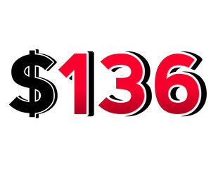 Red number 136 with a black dollar sign in a 3D style, featuring white and black outlines, creating a shadow effect on transparent background.