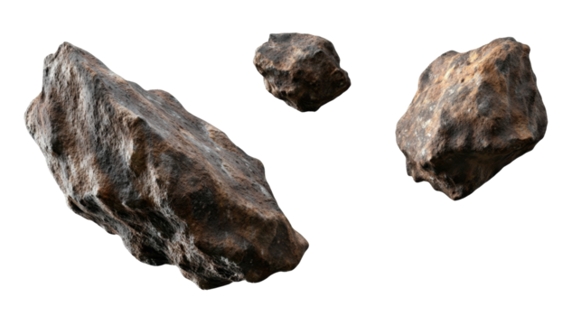 Three Distinct Asteroids with Textured Surfaces Displayed Against a Transparent Background