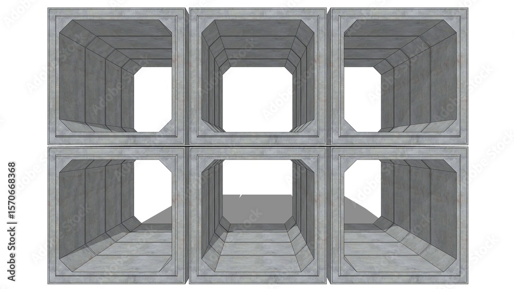 Fototapete 3d isometric image of six 200cm x 200cm x 120cm gray concrete box culverts, stacked in two rows, fro